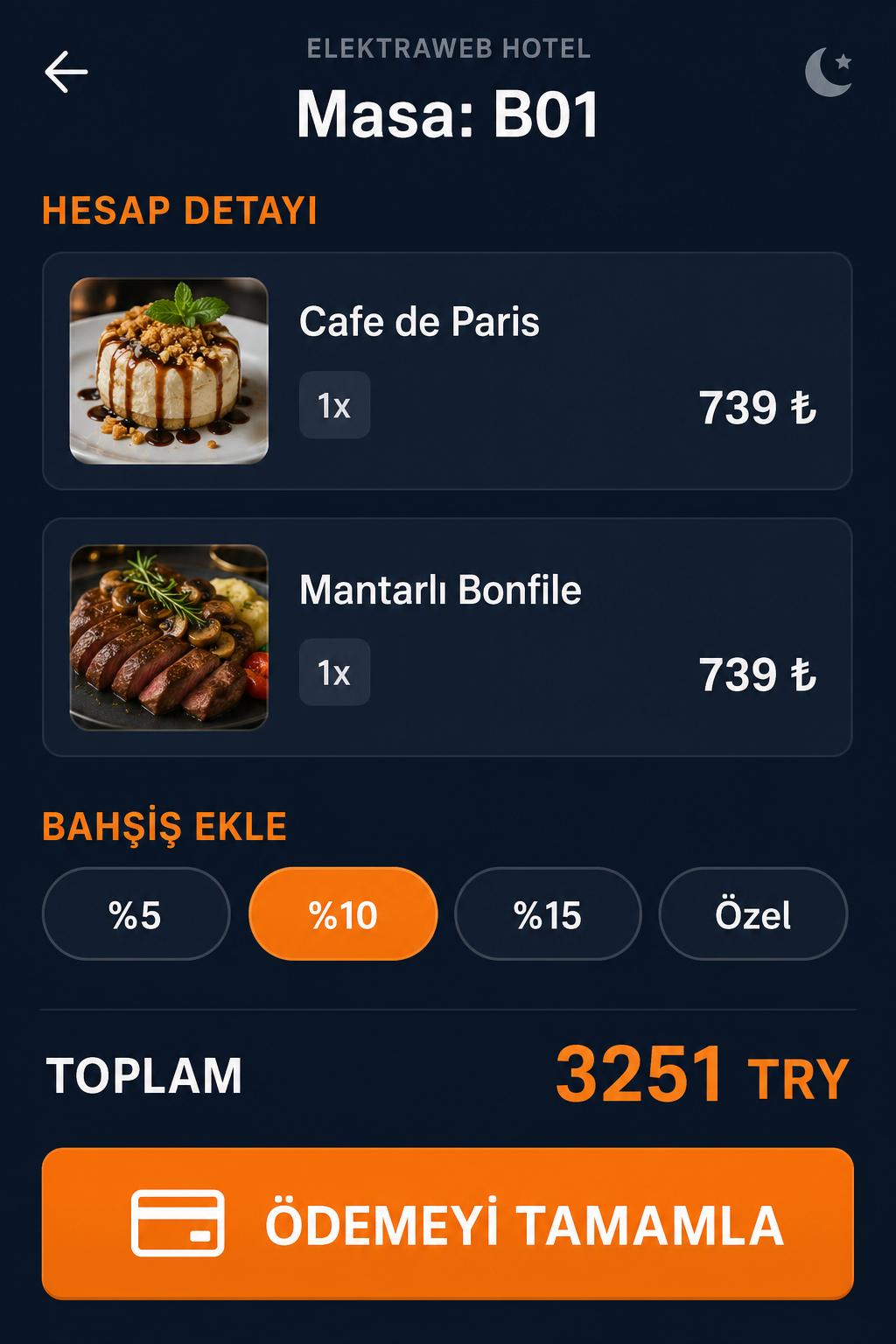 Telefondan bahşişle birlikte hesap ödeme ekranı